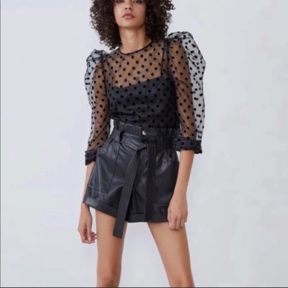 Zara Black Organza Polka Dot Crop Blouse NWT